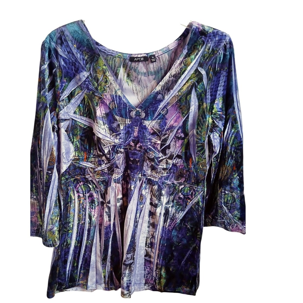Y2k APT 9 Womens XL Velour V Neck Ruched Tunic Top Abstract Print